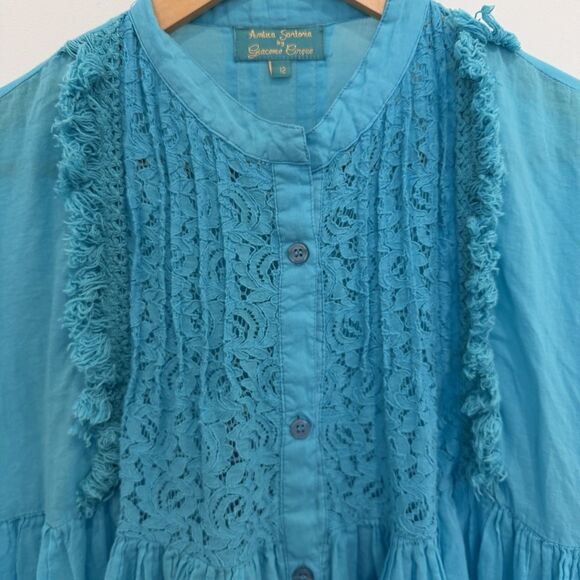 Antica Sartoria By Giacomo Cinque Blouse Size 12 Blue Lace Pom Poms Ruffle Swing - Picture 2 of 14